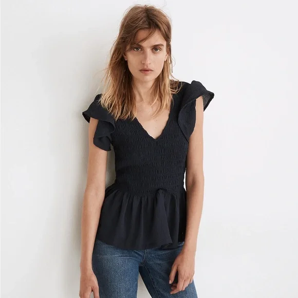Madewell Flutter Sleeve Smocked Top EUC Size S Navy Blue - Picture 1 of 9